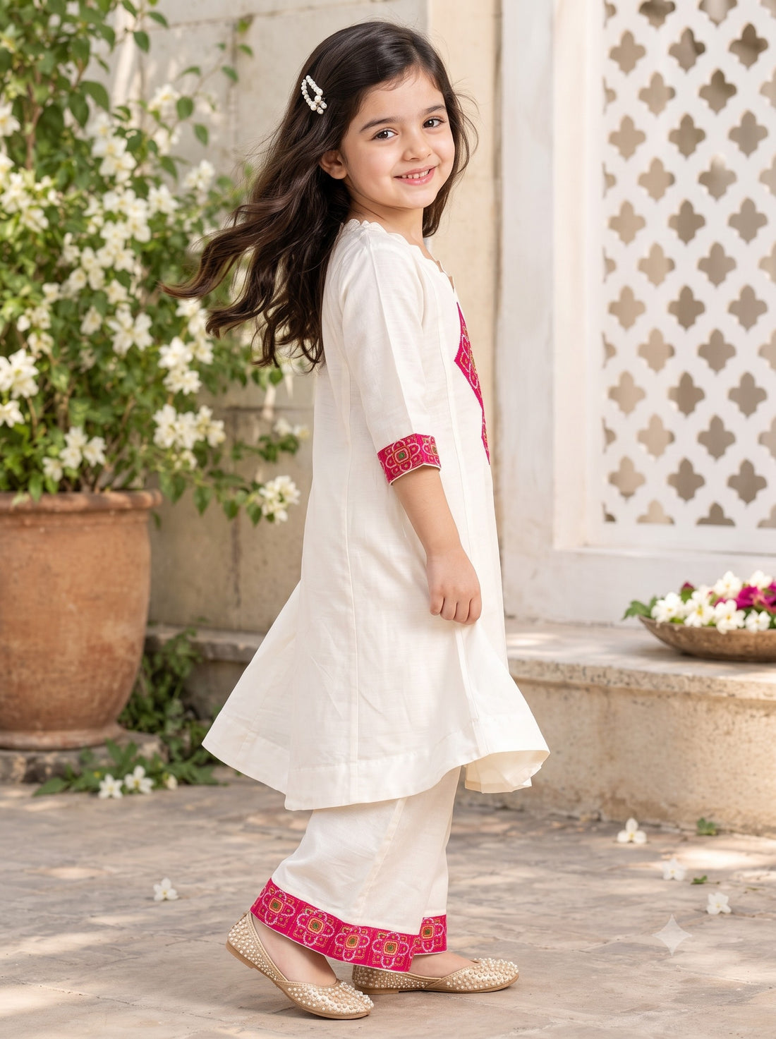 Girls' Off-White Art Silk Kurti Palazzo Set – Printed