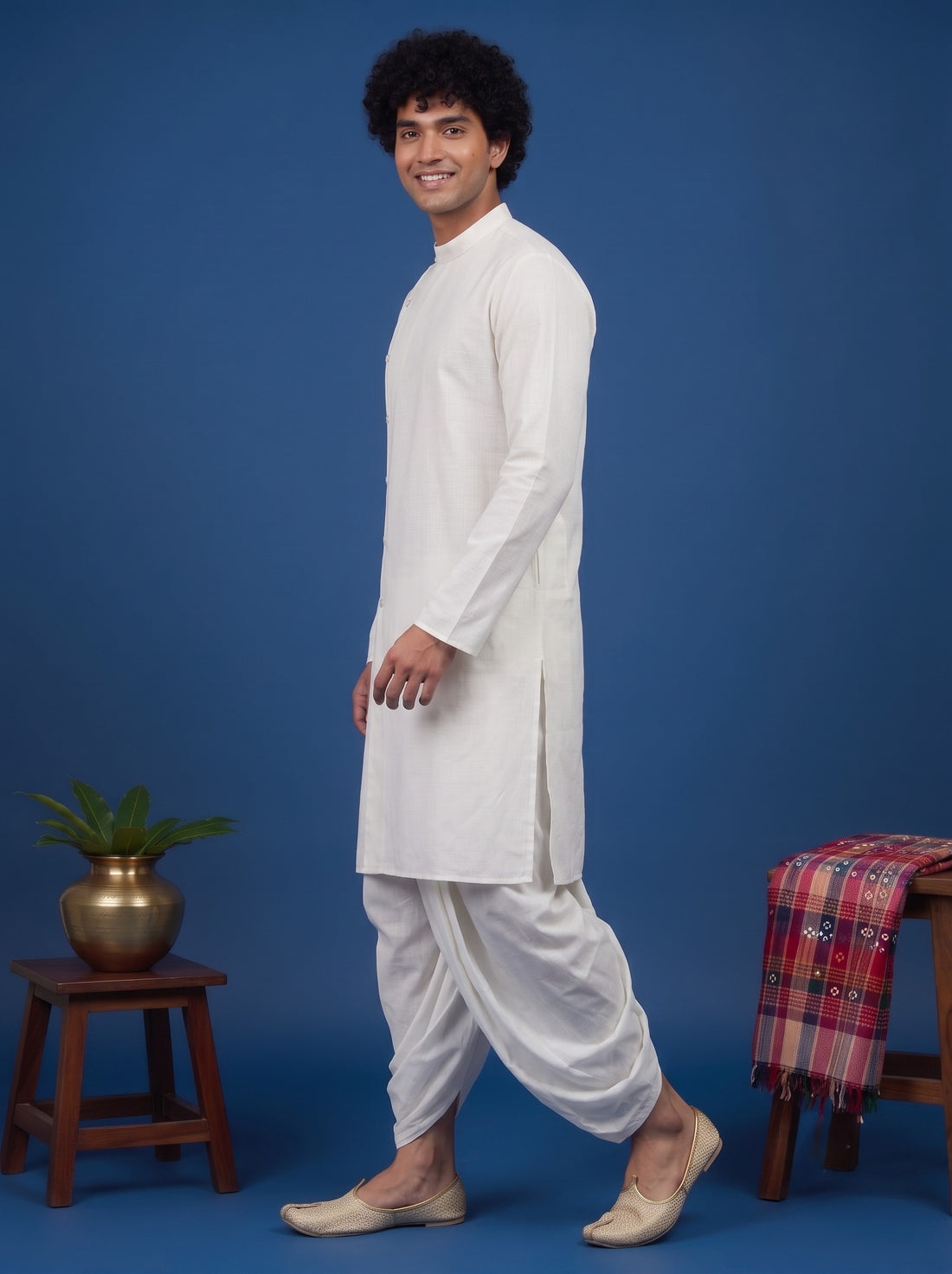 Men's White Cotton Kurta with Dhoti Set – Solid & Side Placket