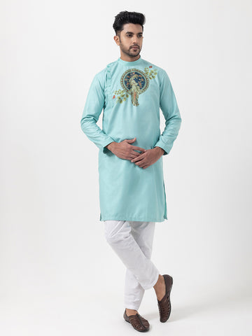 [MGSP-B] Men's Green Ethnic Print Side Placket Cotton Kurta Set