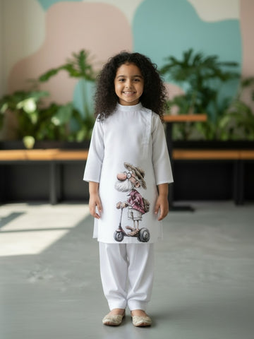 [DGKS-MGSP-B] Girls White Ethnic Motifs Printed Cotton Kurti Set