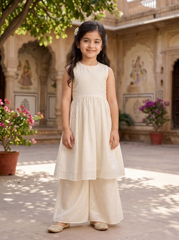 Girls' Off-White Art Silk Kurti Palazzo Set – Solid