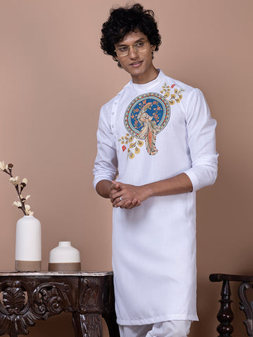 Mens White Printed Kurta-Pyjama Set
