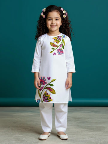 [DGKS-MGSP-RN] Girls White Ethnic Motifs Printed Cotton Kurti Set