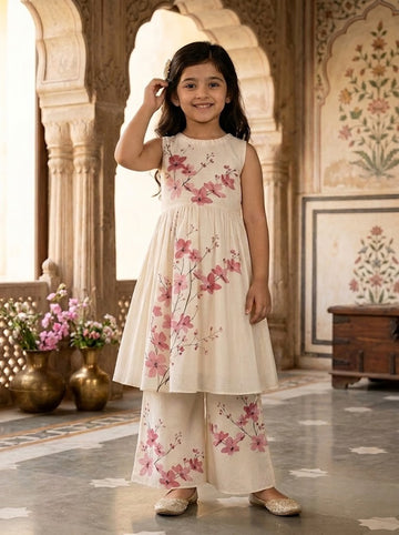 Girls' Off-White Art Silk Kurti Palazzo Set – Printed
