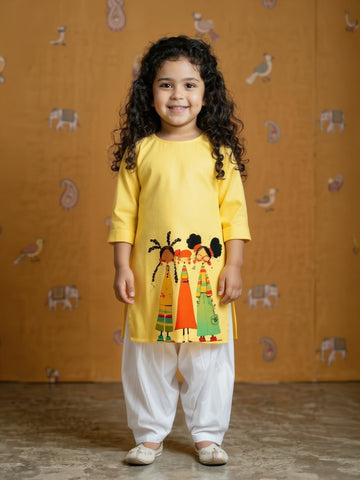 [DGKS-MGSP-RN] Girls Yellow Ethnic Motifs Printed Cotton Kurti Set
