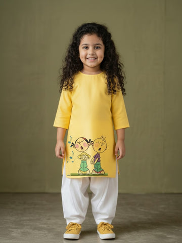 [DGKS-MGSP-RN] Girls Yellow Ethnic Motifs Printed Cotton Kurti Set