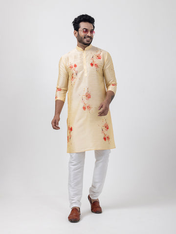 Mens Golden Printed Kurta Pyjama Set
