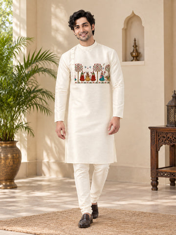 Men's Off-White Art Silk Kurta Pyjama Set – Ethnic Print & Side Placket