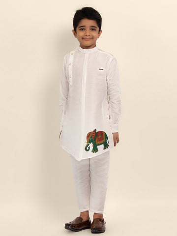 Boys White Printed Kurta With Pyjama Set