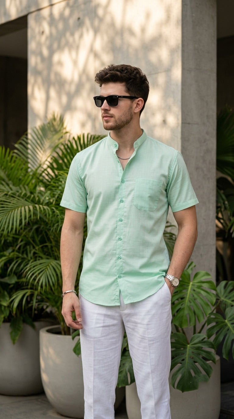 [DS-C-MG] Men's Green chinese collar Cotton Shirt
