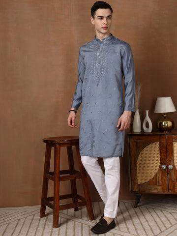 [MDE] Men's Gray Mirror & Thread Work Modal Silk Kurta Set