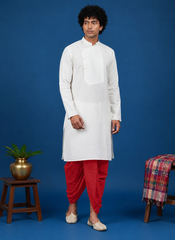 Men's White Cotton Kurta with Dhoti Set – Solid & Side Placket