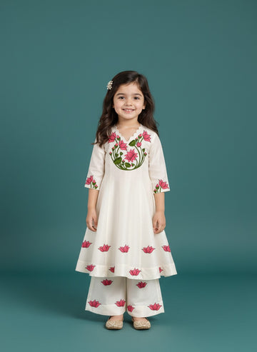 Girls' Off-White Art Silk Kurti Palazzo Set – Printed