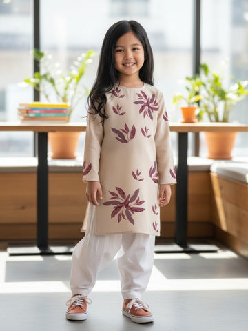 [DGKS-MGSP-RN] Girls Beige Ethnic Motifs Printed Cotton Kurti Set