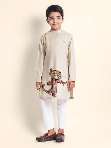 Boys Beige Printed Kurta With Pyjama