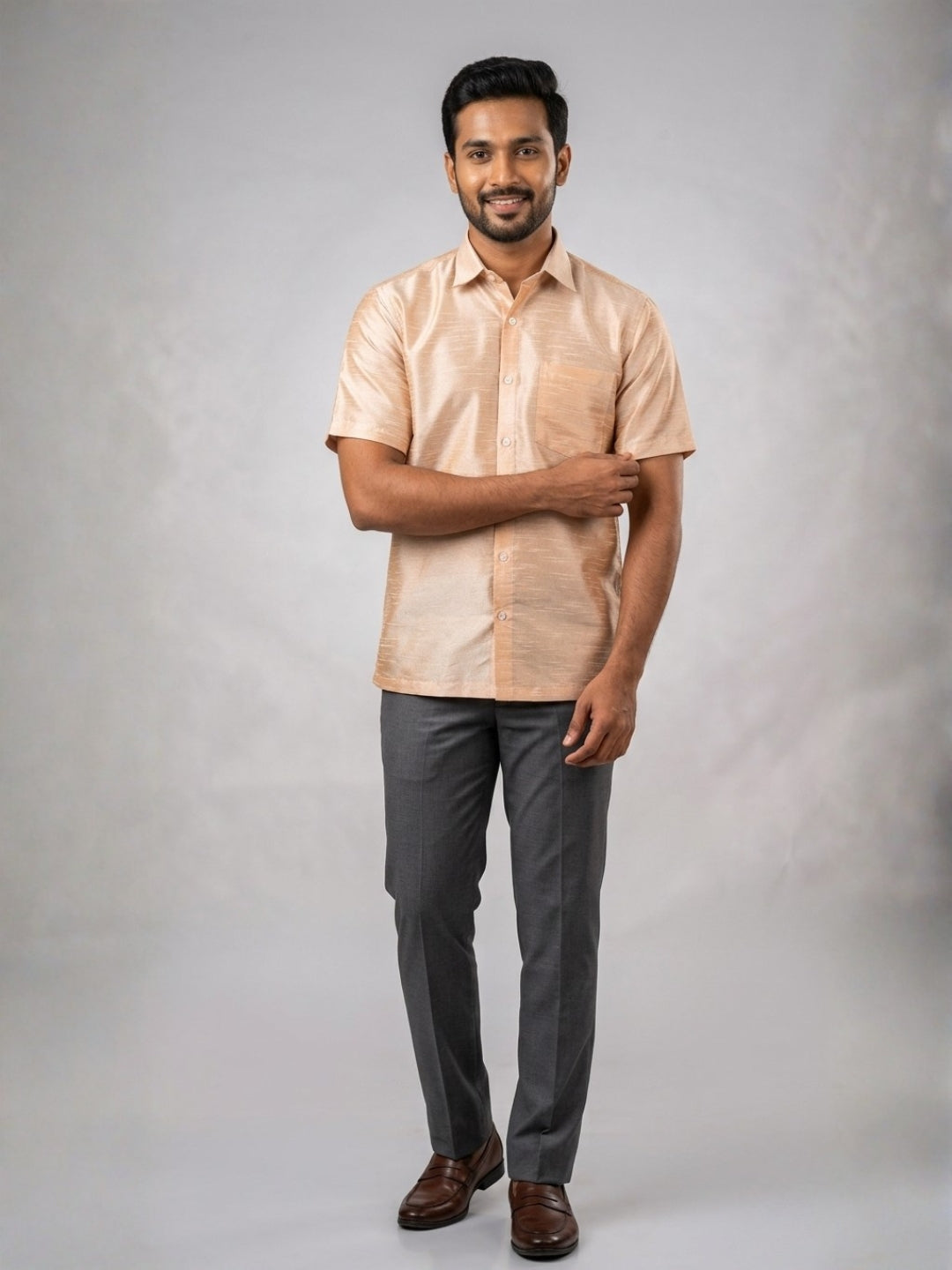[DS-DP] Men's Beige Solid Textured Art Silk Shirt