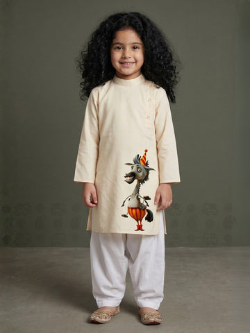 [DGKS-MGSP-B] Girls Beige Ethnic motifs Printed Cotton Kurti Set
