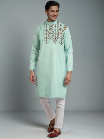 [MGSP-B] Men's Green Ethnic Print Side Placket Cotton Kurta Set