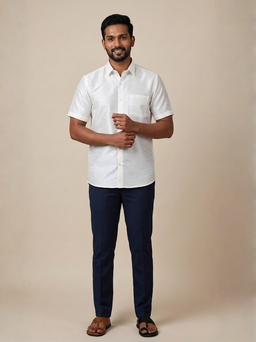[DS-DP] Men's White Solid Textured Art Silk Shirt