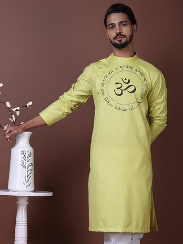 Mens Lime Green Side Placket Printed Kurta With Pyjama Set