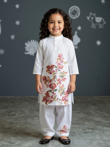 Girls' White Cotton Kurti Set – Ethnic Print