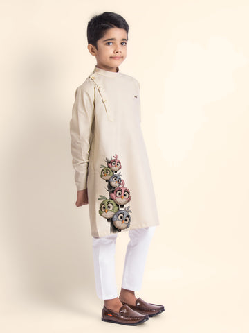 Boys Beige Printed Kurta With Pyjama