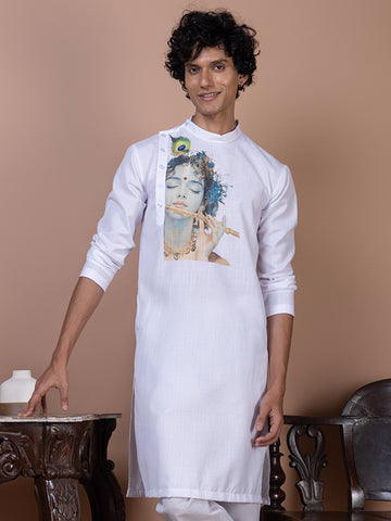 Mens White Side Placket Printed Kurta With Pyjama Set