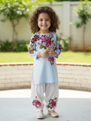 [DGKS-MGSP-RN] Girls Sky Blue Ethnic Motifs Printed Cotton Kurti Set