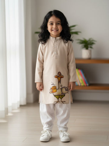 Girls' Beige Cotton Kurti Set – Ethnic Print