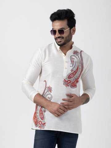 [DPSP-S] Men's White Ethnic Print Art Silk Short Kurta
