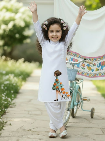 [DGKS-MGSP-B] Girls White Ethnic motifs Printed Cotton Kurti Set