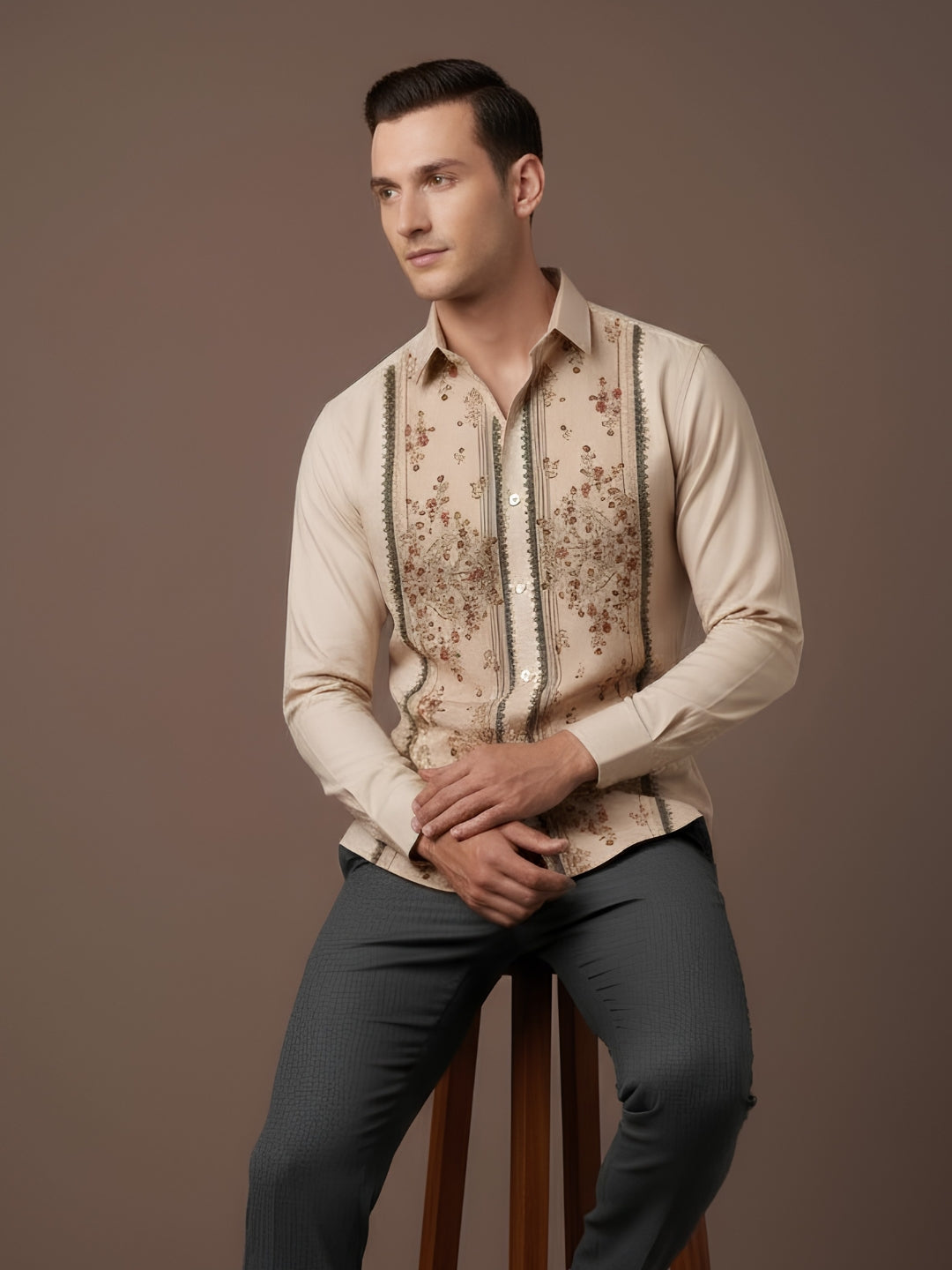 [DS-MGSP] Men's Beige Ethnic Printed Cotton Shirt