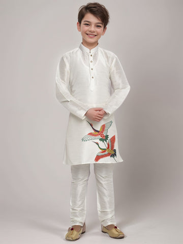 Boys White Printed Kurta With Pyjama Set