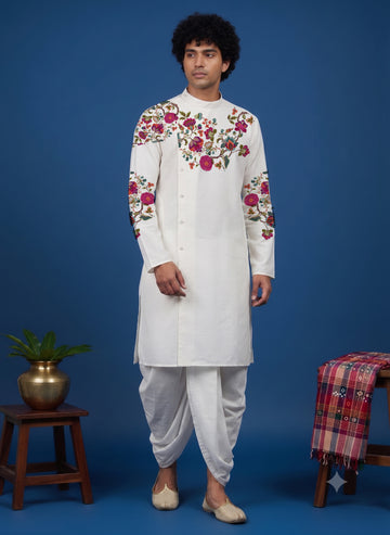 Men's White Cotton Kurta with Dhoti Set – Ethnic Print & Side Placket