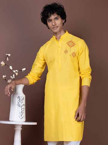 Mens Yellow Printed Kurta Pyjama Set