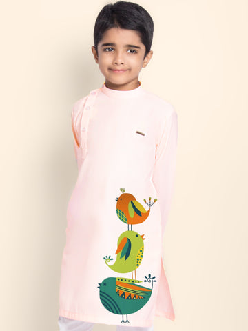 Boys Pink Cotton Kurta Pyjama with Print