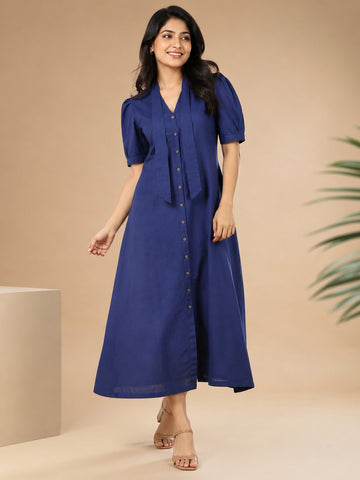Women's Blue Cotton Linen Midi Dress – Tie-Up V-Neck