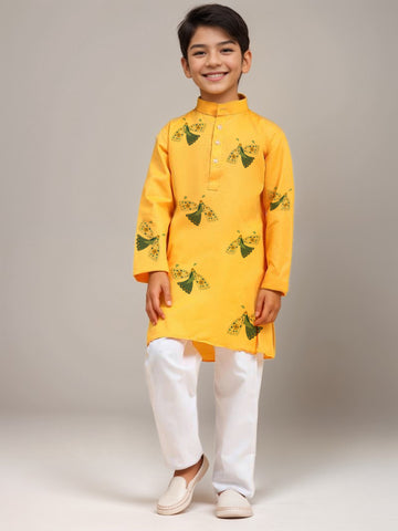Boys Yellow Printed Kurta with Pyjama Set