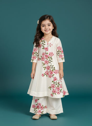 Girls' Off-White Art Silk Kurti Palazzo Set – Printed
