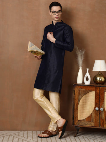 [J] Men's Navy Blue Self Design Embroidered Jacquard Kurta Set
