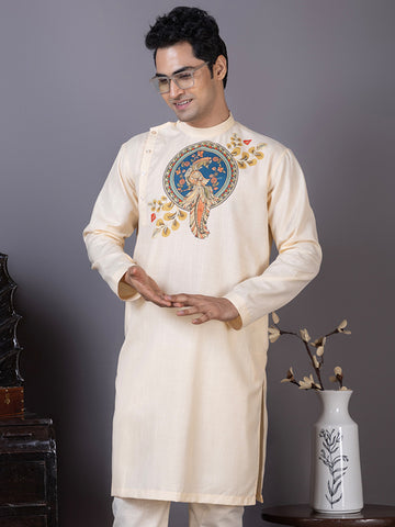 Men's Beige Cotton  Kurta With Print Pyjama  Set