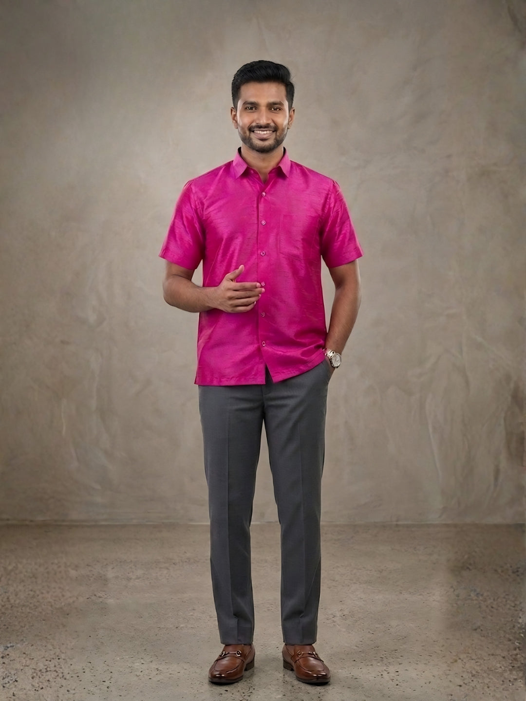 [DS-DP] Men's Pink Solid Textured Art Silk Shirt