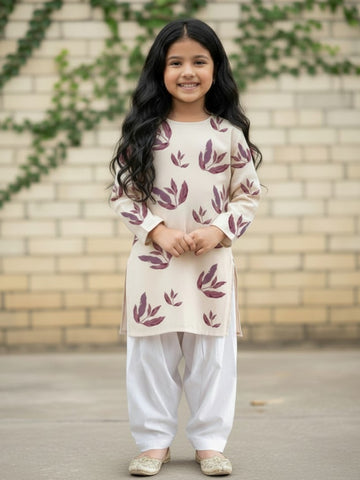 [DGKS-MGSP-RN] Girls Beige Ethnic Motifs Printed Cotton Kurti Set