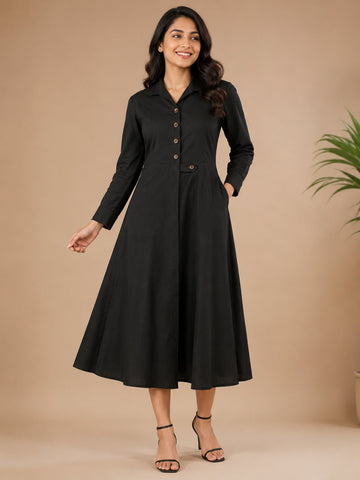 Women's Black Cotton Linen Midi Dress – Collared Button Front