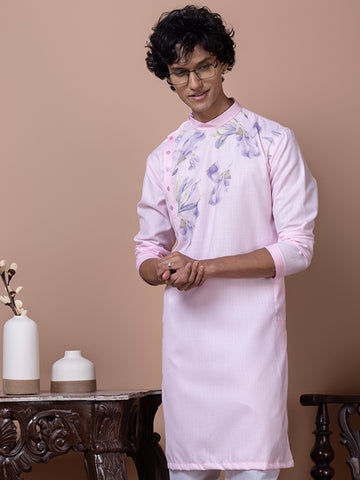 Mens Pink Printed Kurta With Pyjama Set