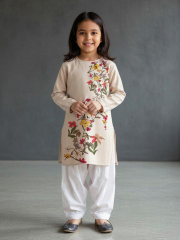 [DGKS-MGSP-RN] Girls Beige Ethnic Motifs Printed Cotton Kurti Set