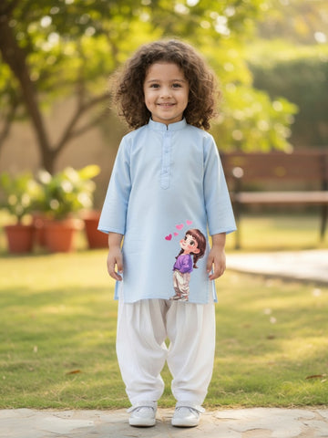 Girls' Sky Blue Cotton Kurti Set – Ethnic Print