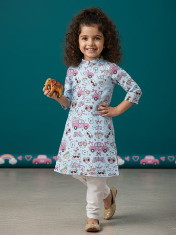 [DGKS-MGSP] Girls Sky Blue Ethnic Motifs Printed Cotton Kurti Set