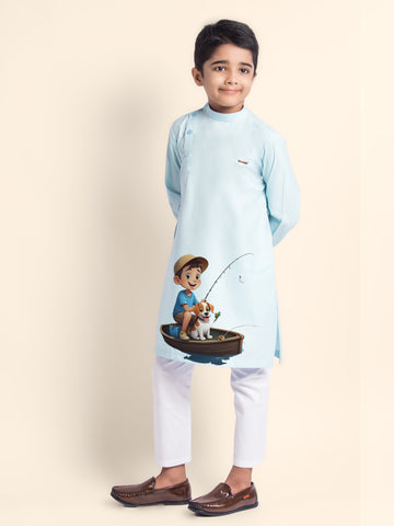 Boys Sky Blue Printed Kurta With Pyjama Set