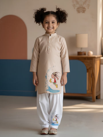[DGKS-MGSP] Girls Beige Ethnic motifs Printed Cotton Kurti Set
